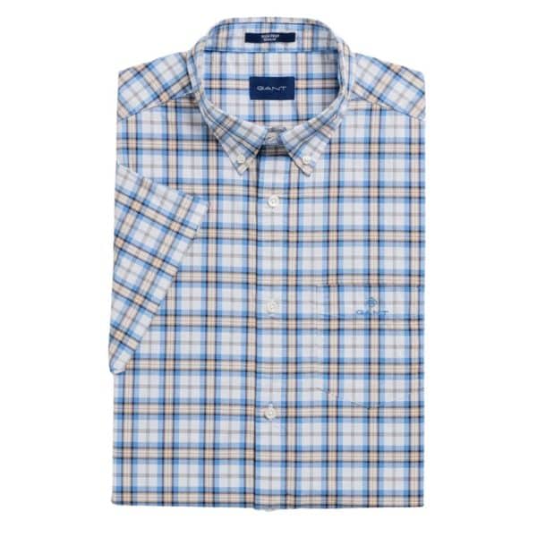 GANT Regular Fit Short Sleeve blue and Khaki check Shirt front