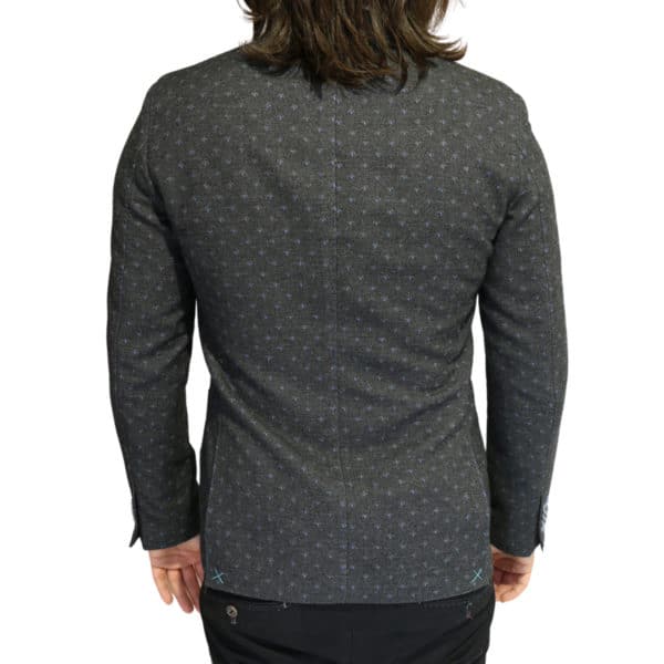 Grey blazer blue polka dot pattern back
