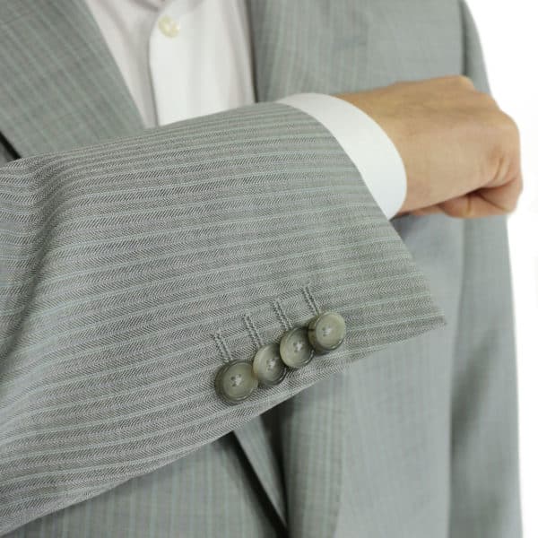 Warwicks herringbone grey suit button detail
