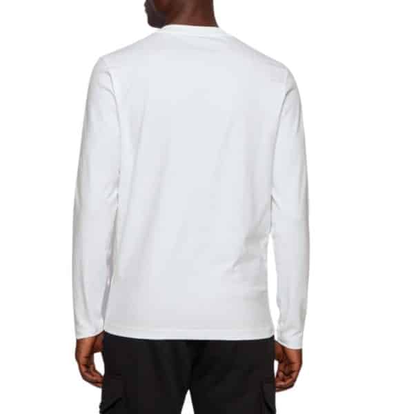 BOSS Long sleeved white stretch cotton T shirt with five layer logo rear