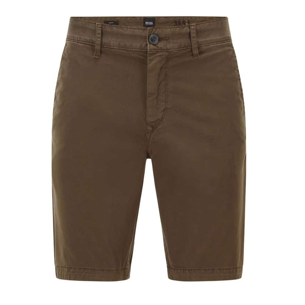 BOSS Tapered fit shorts in garment dyed stretch cotton twill in Khaki front