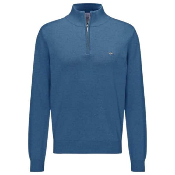 Fynch Hatton Cotton Half Zip Sweater in Azure Blue front