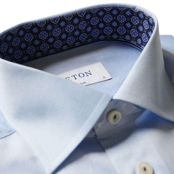 ETON SIGNATURE TWILL ROSETTE TRIM SLIM FIT BLUE SHIRT collar