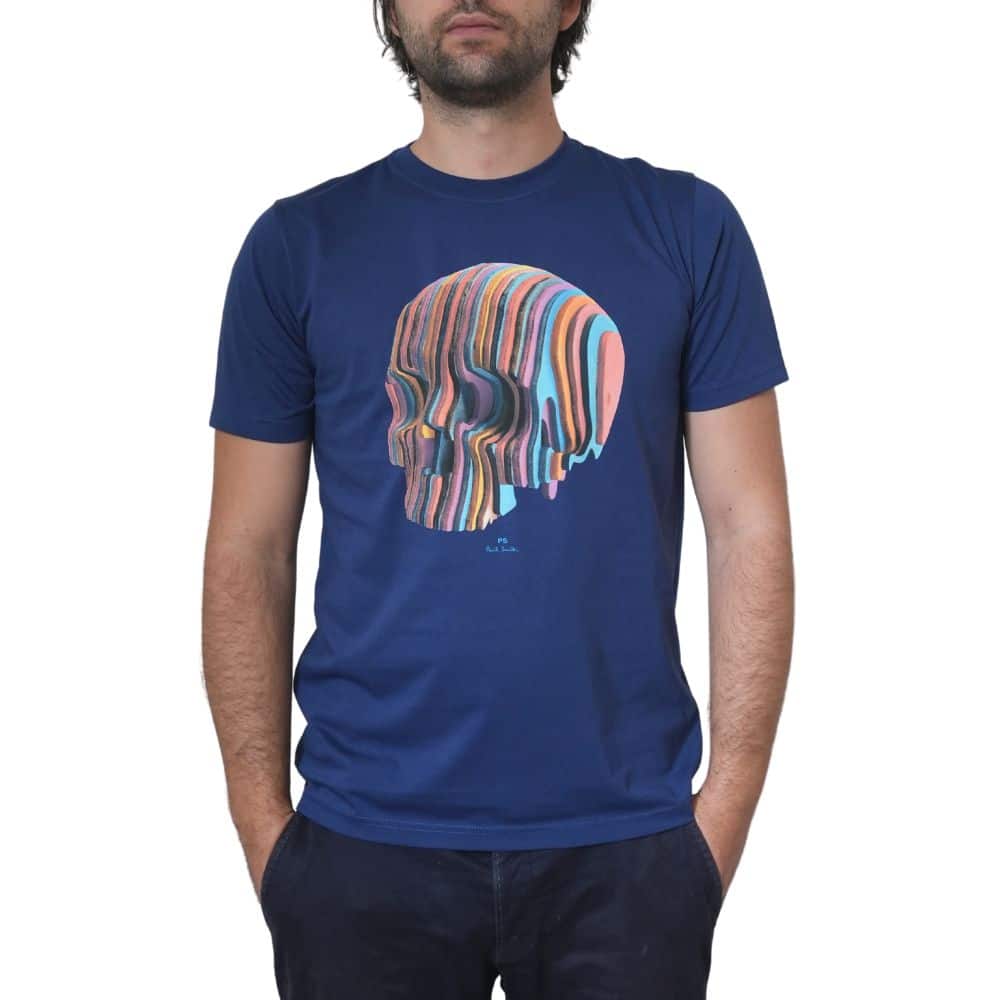 PAUL SMITH BLUE WOODEN STRIPE SKULL T SHIRT