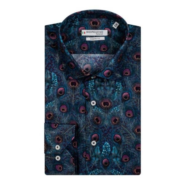 Giordano Row Peacock Feathers Print Navy Shirt