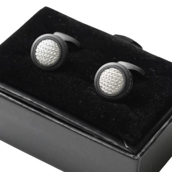 VERITAS MATTE BLACK CIRCULAR MESH CUFFLINKS GIFT BOX