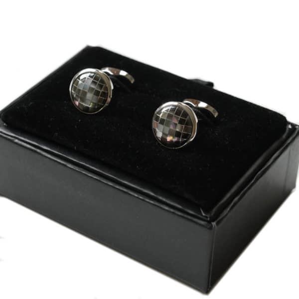 VERITAS SILVER CIRCULAR CONTRAST MOSAIC CUFFLINKS GIFT BOX