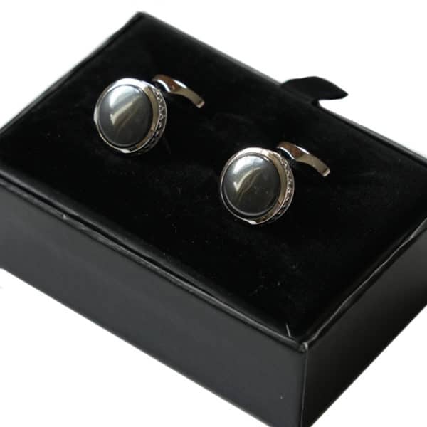 VERITAS SILVER CIRCULAR GREY CUFFLINKS GIFT BOX