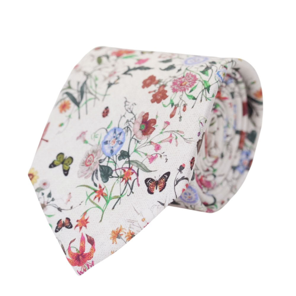 AMANDA CHRISTENSEN Classic Printed Tie with Flowers amp Butterflies White Melange Twill Background