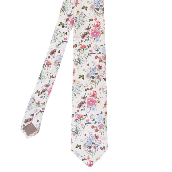 AMANDA CHRISTENSEN Classic Printed Tie with Flowers and Butterflies White Melange Twill Background