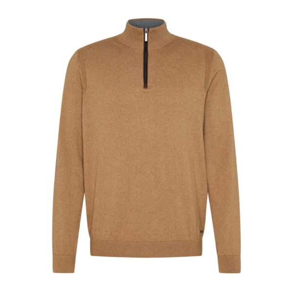 Bugatti Cotton Cashmere Blend Light Brown Half Zip Jumper