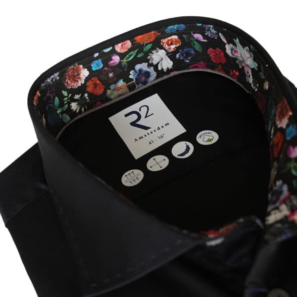 R2 Amsterdam Multi Floral Trim Collar Cuffs Black Shirt