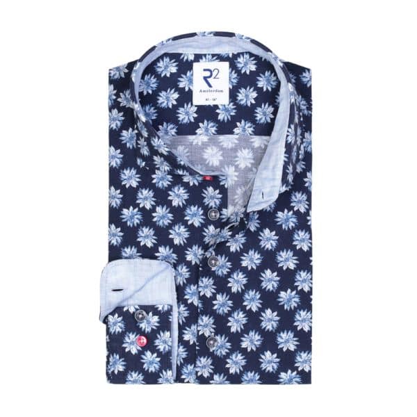 R2 Amsterdam Floral Print Linen Navy Shirt