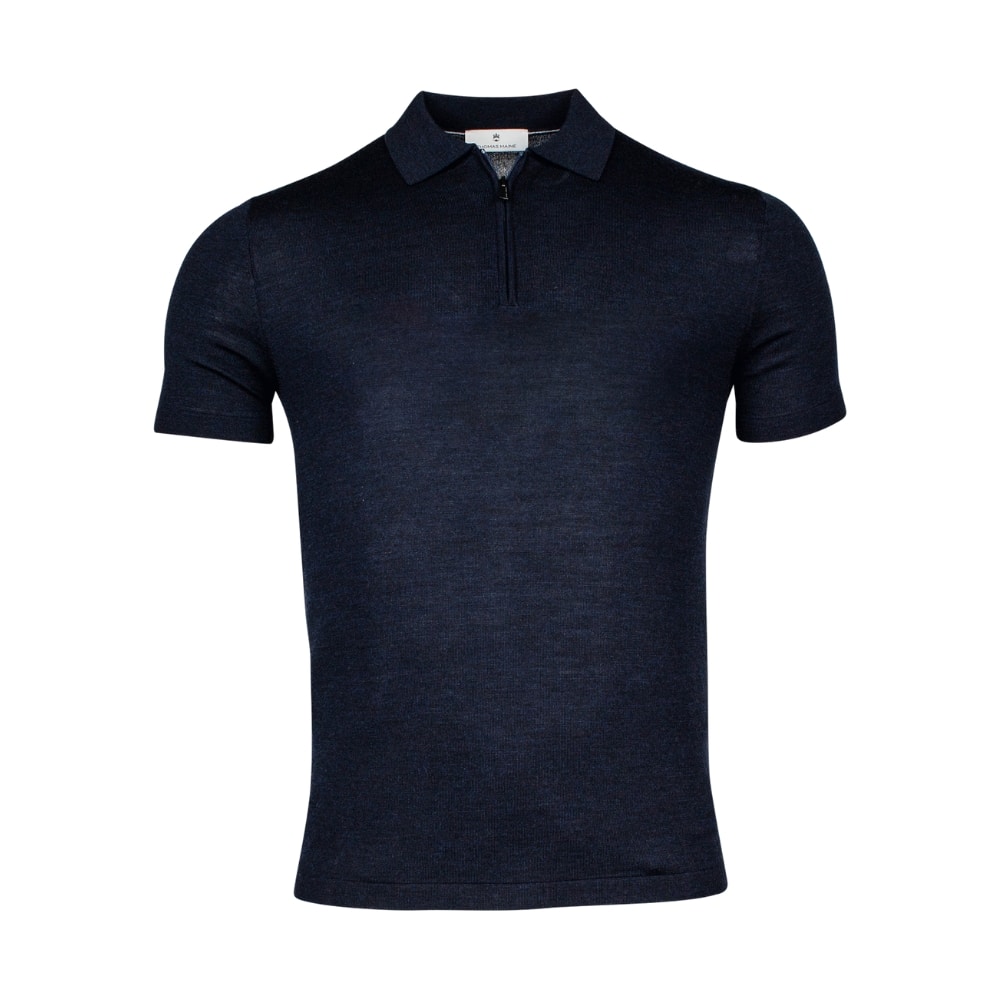 Thomas Maine Merino Wool Half Zip Short Sleeve Navy Polo