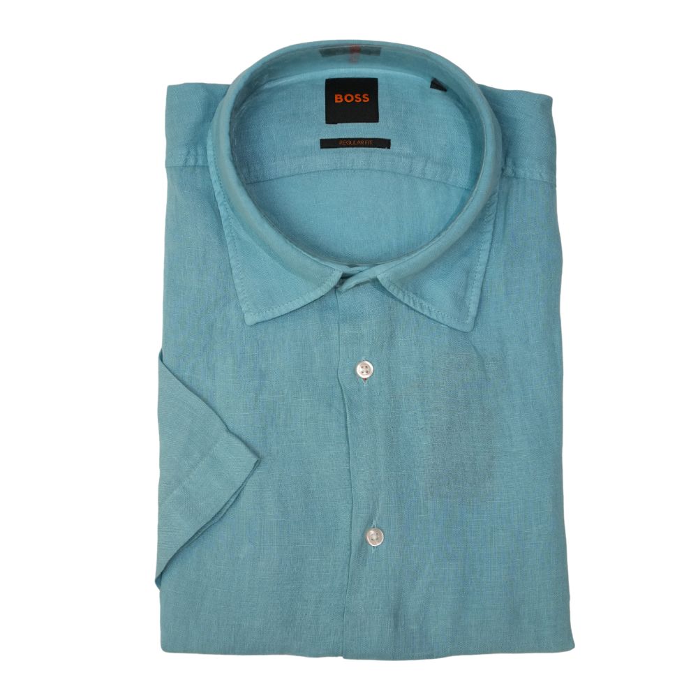 BOSS Regular Fit Open Blue Shirt In Linen Canvas 1
