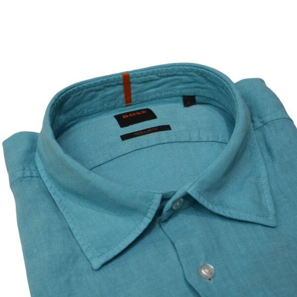 BOSS Regular Fit Open Blue Shirt In Linen Canvas 2