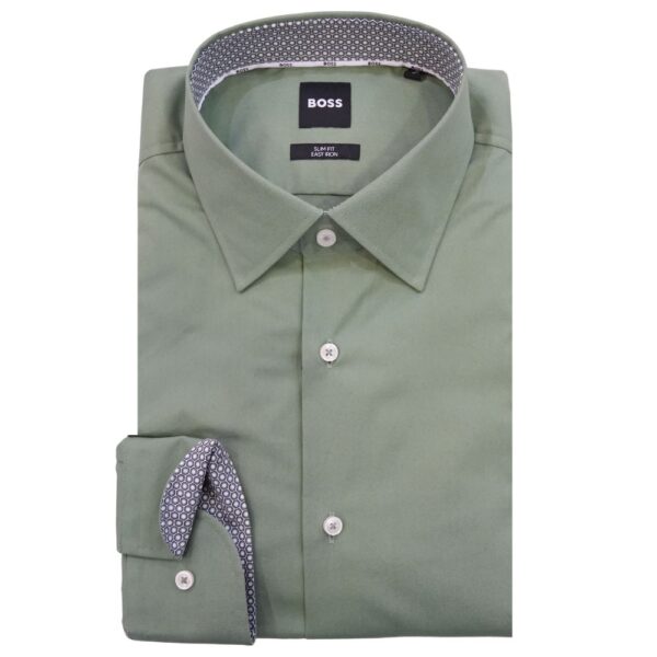 BOSS Hank Slim Fit Green Shirt With Geometric Trim