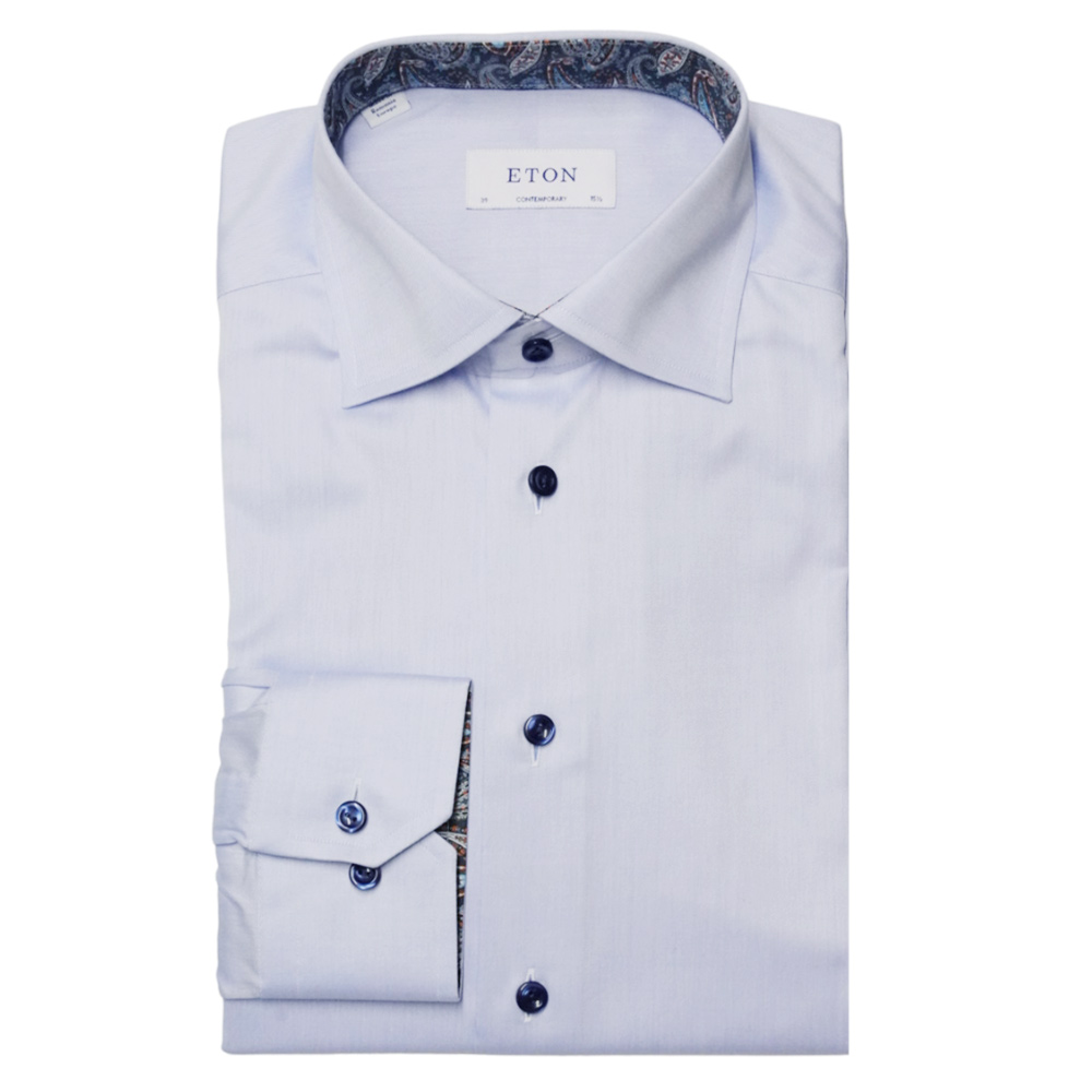 Eton Contemporary Fit Light Blue Shirt with Paisley Print Collar Detail