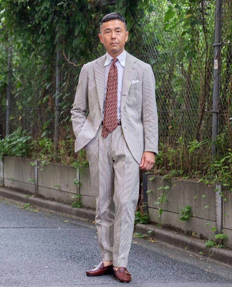 Takayuki.namiki Formal Outfit Grey Suit Brown Patterned Tie