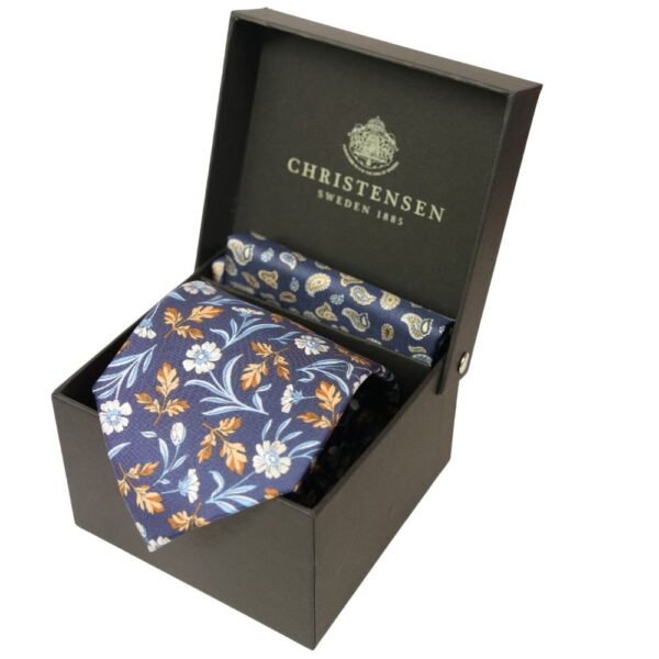 Amanda Christensen Navy Flower Tie And Paisley Pocket Square