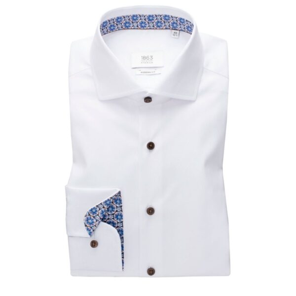 ETERNA Modern Fit Pure Cotton White Shirt with Blue Floral trim