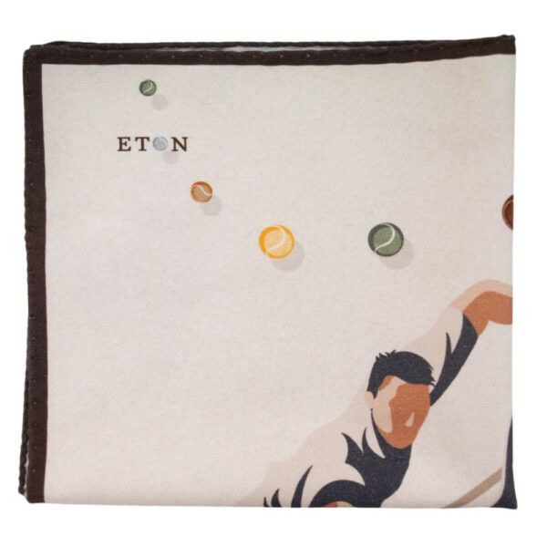 Eton Brown Pocket Square with Tennis Player Print folded