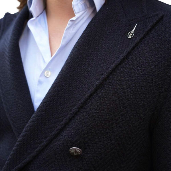 Paoloni Double Breasted Navy Jacket in Wool Cotton Knit Chevron detail