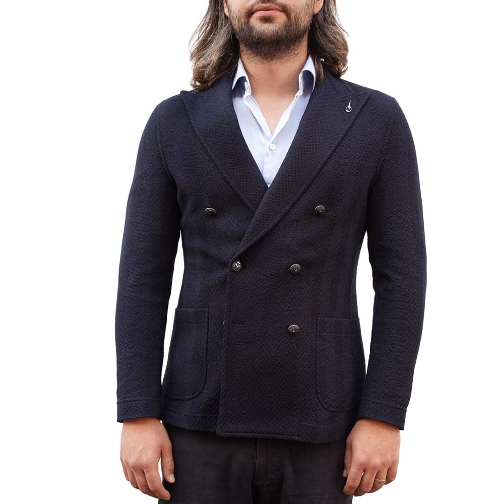 Paoloni Double breasted Navy Jacket in Wool Cotton Knit Chevron