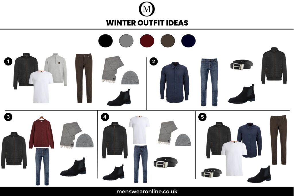 Five outfits for Winter Travel. First outfit consists of a black hybrid jacket, white t-shirt, beige half zip jumper, brown jeans, black trainers and a grey scarf and hat set. Second is a navy casual shirt with blue jeans, black trainers, and a black belt. Third outfit is a burgundy sweater jumper, grey hat set, blue jeans and black Chelsea boots. Fourth is a black jacket, white t-shirt, blue jeans, black belt and black shoes. And the last outfit is of navy casual shirt, white t-shirt, black jacket, brown jeans, and black belt.